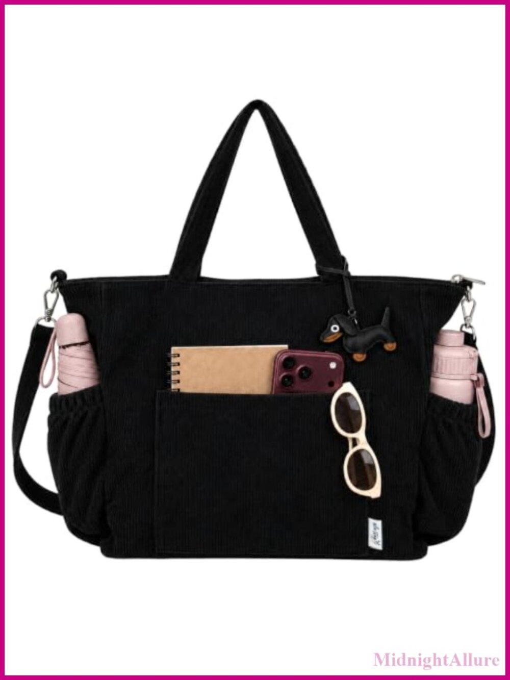 Corduroy Tote Bag Multi-Pocket with Adjustable Strap for Work Travel